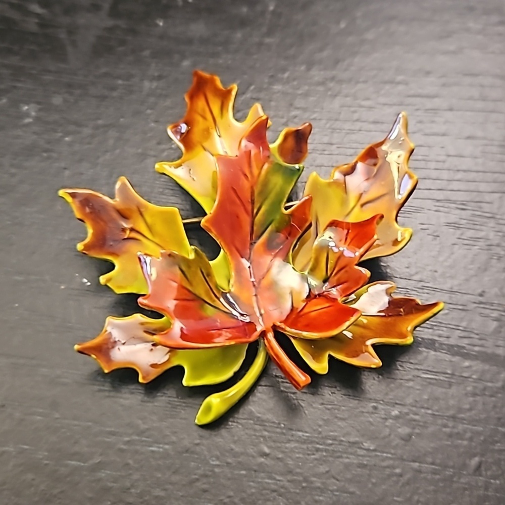 Vintage Colorful Leaf Brooch Gold plated backing